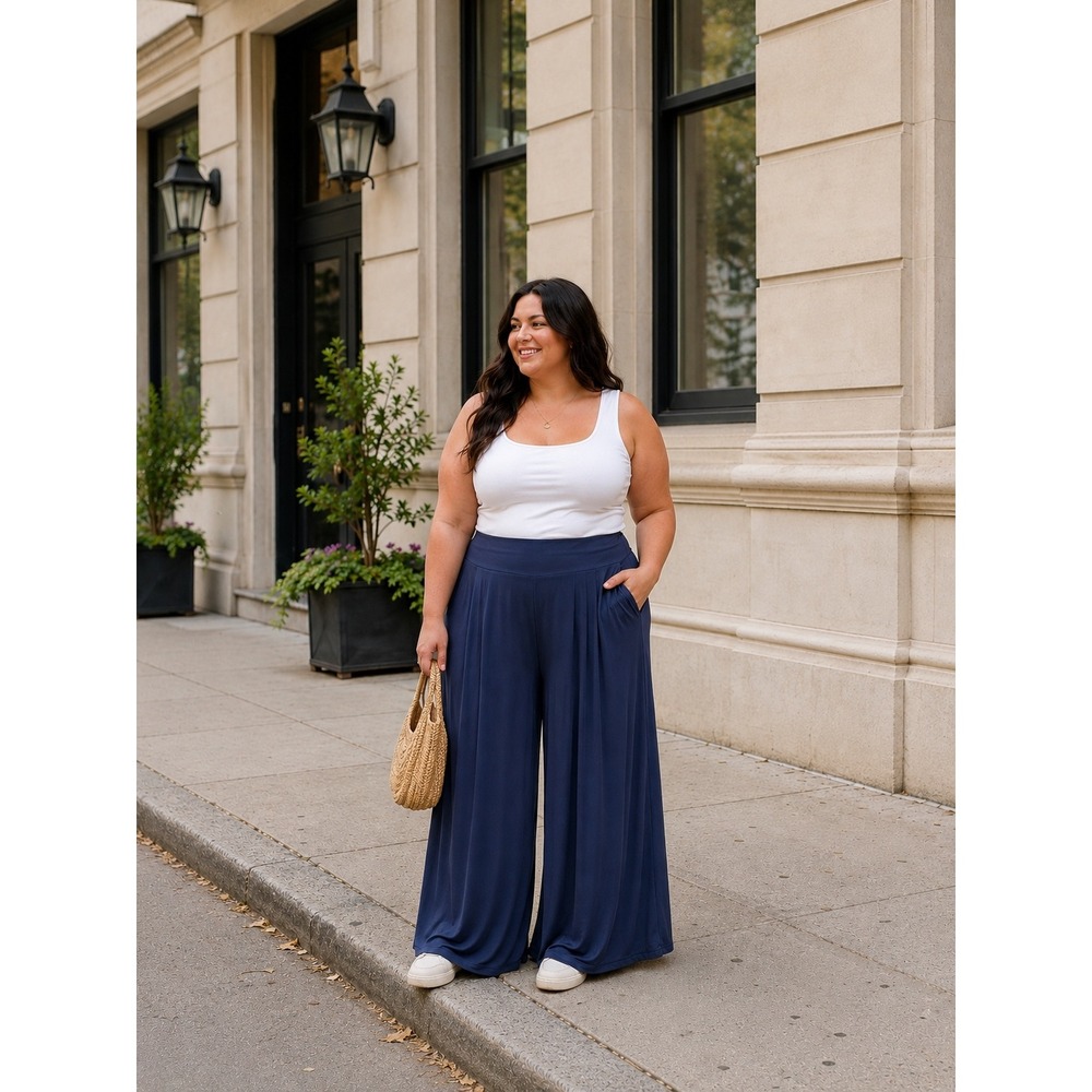 CLARA‎ SUNWOO Wide Leg Palazzo Pants Navy Blue Plus Size 1X Stretch Casual